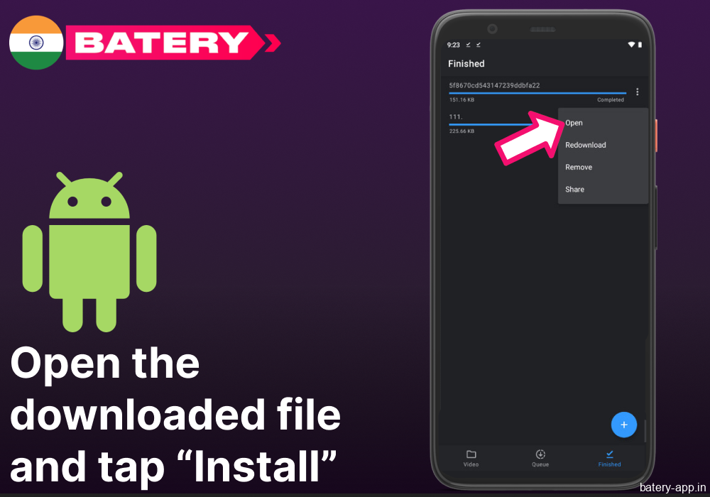 Open the downloaded Batery Bet app file and tap “Install”
