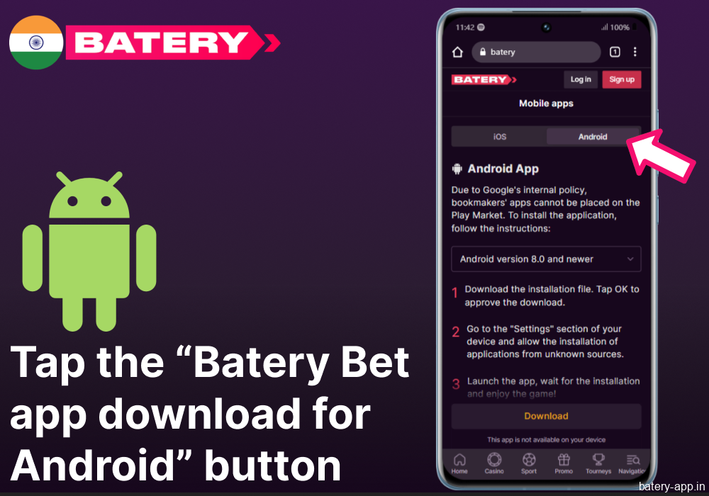 Tap the “Batery Bet app download for Android” button