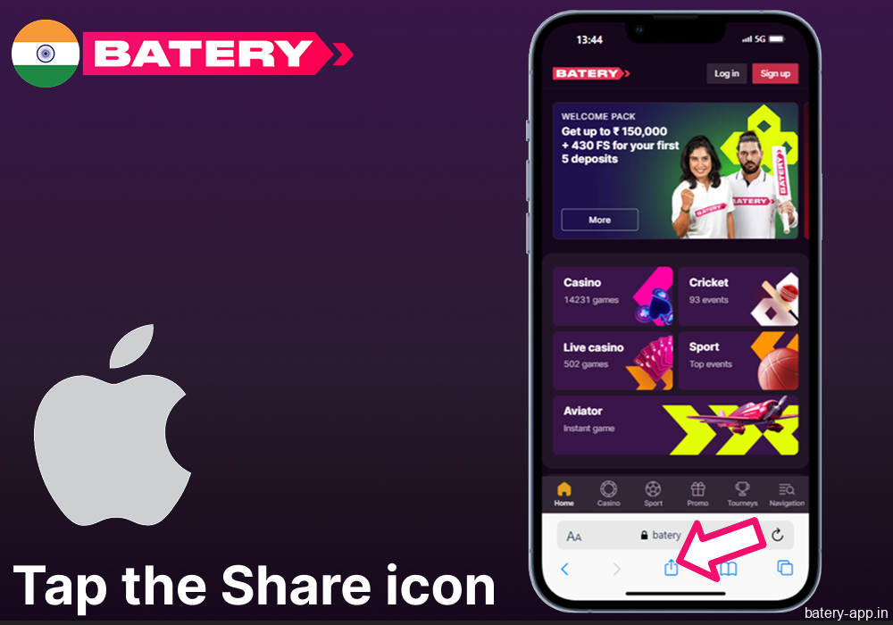 Tap the Share icon on Batery Bet website