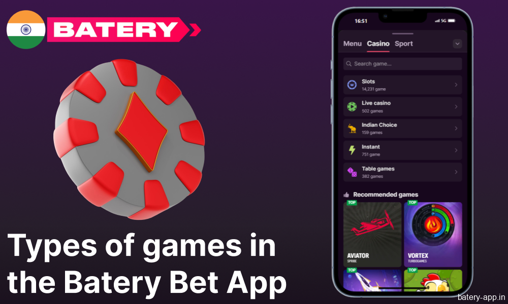 The most popular casino games available in the Batery Bet app for players from India